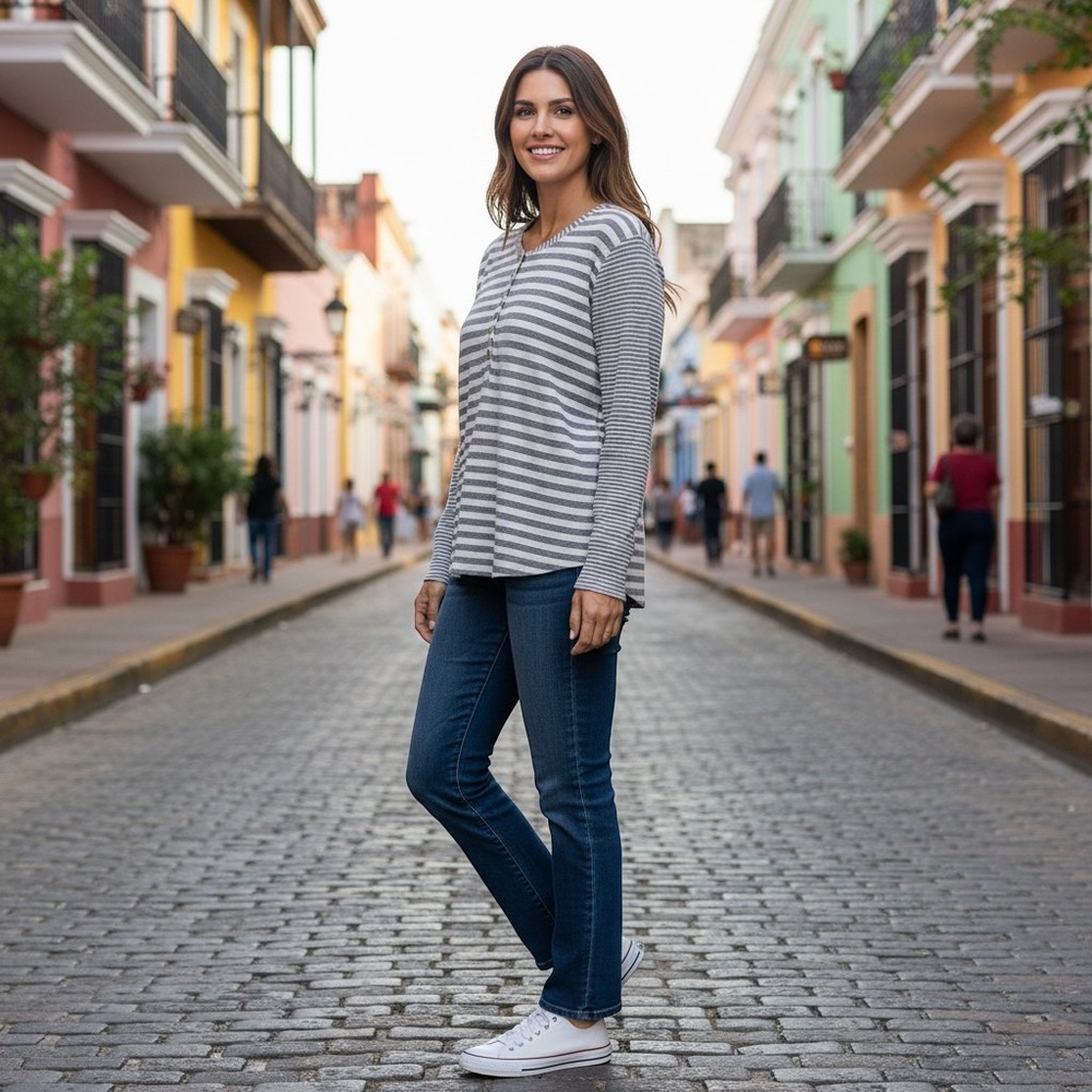 Chaps Striped Shirt Women's XXL Henley Top  Shirt GrayWhite. Preppy, Travel Work